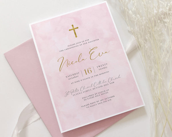 Christening Invitation Girl, Baptism Invitation Template, Pink Watercolour, Blush Pink, Printable Invitation, Editable Pink Gold Christening