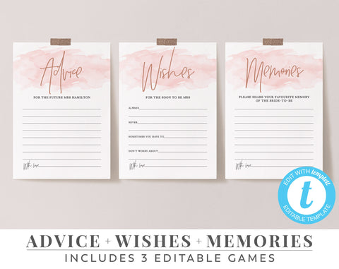 Printable Advice Cards, Editable Advice, Bachelorette Games, Wishes, Memory Game, Rose Gold Advice Cards | Rose Gold Pink | Hens Games
