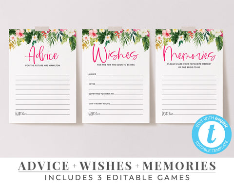 Printable Advice Cards, Editable Advice, Bachelorette Games, Wishes, Memory Game, Tropical Advice Cards | Tropical Games | Hens Games