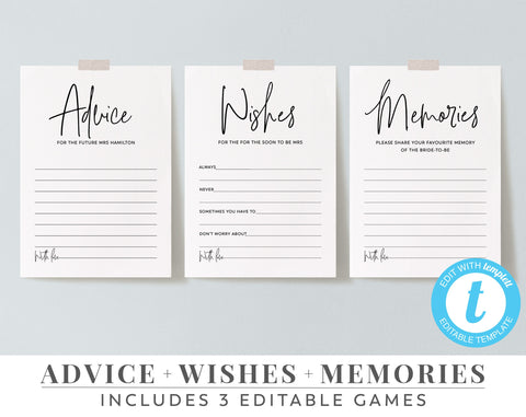 Printable Advice Cards, Editable Advice, Bachelorette Games, Wishes, Memory Game, Bride Advice Cards | Bridal Games | Modern Hens Games