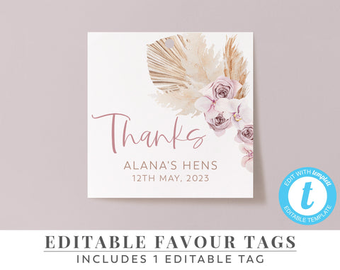 Printable Favour Tags, Editable Tags, Bachelorette Favor Tags, Hens Favour Tags, Bachelorette Tags, Boho Favour Tags | Dried Flowers