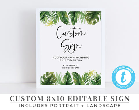 Editable Sign, 8x10, Tropical Sign, Palm Leaf Sign, Landscape, Portrait | Printable | Editable Template | Hens Sign | Bachelorette Sign