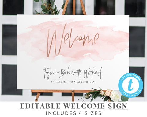 Printable Welcome Sign, Editable Welcome Sign, Bachelorette Welcome Sign, Hens Welcome Sign, Rose Gold Welcome Sign, Rose Gold and Pink