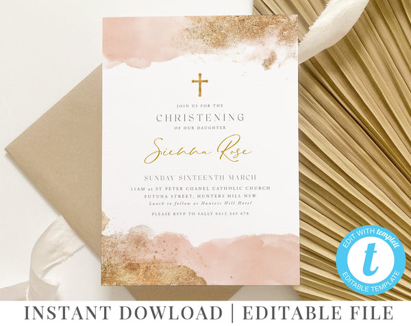 Baptism Invitation Girl, Christening Invitation Template, Blush Pink Gold, Printable Invitation, Editable Pink Christening, Baptismal