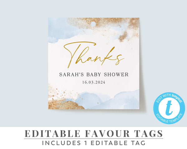Printable Favour Tags, Editable Tags, Blue Baby Shower Favor Tags, Blue Gold Favour Tags, Favour Labels, Baby Shower Gift Tags, Favor Labels