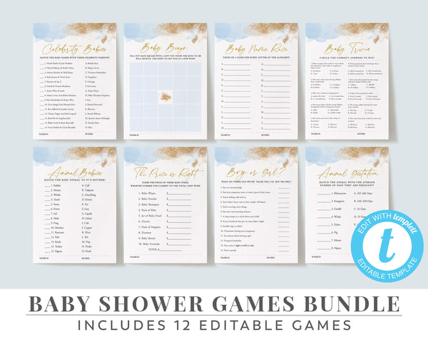 Baby Shower Games, Blue and Gold Editable Games, Blue Baby Shower Games, Printable Games, Blue Baby Games Pack, Celebrity, Bingo, Boy