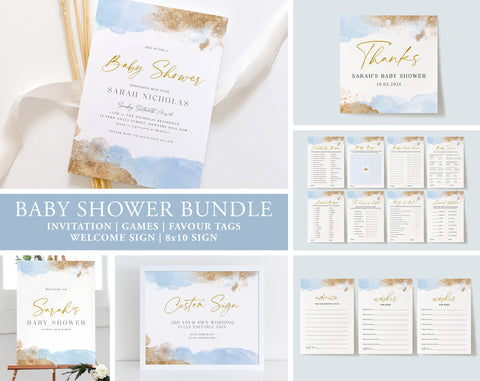 Baby Shower Games Bundle, Printable Baby Shower Invitation and Games Bundle, Editable Games, Blue Gold Baby Shower, Baby Shower Pack