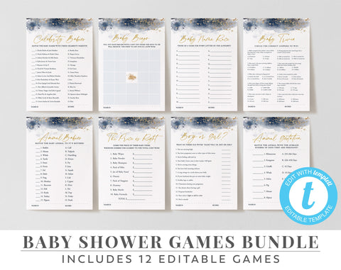 Baby Shower Games, Boy Baby Shower Games, Navy and Gold Editable Baby Shower Games Bundle, Blue Baby Shower Games, Boy Baby Shower Games