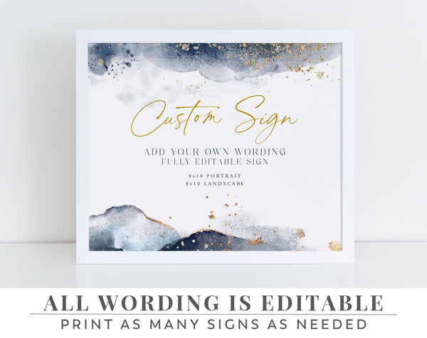 Baby Shower Editable Signs, 8x10 Signs For Baby Shower, Custom Printable Sign Landscape and Portrait, Navy and Gold Editable Template