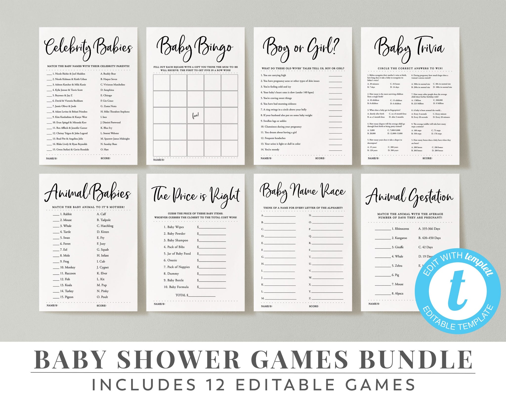 Baby Shower Games, Printable Gender Neutral Baby Shower, Editable Baby Shower Games, Games Bundle, Baby Games Pack, Celebrity Game, Classic
