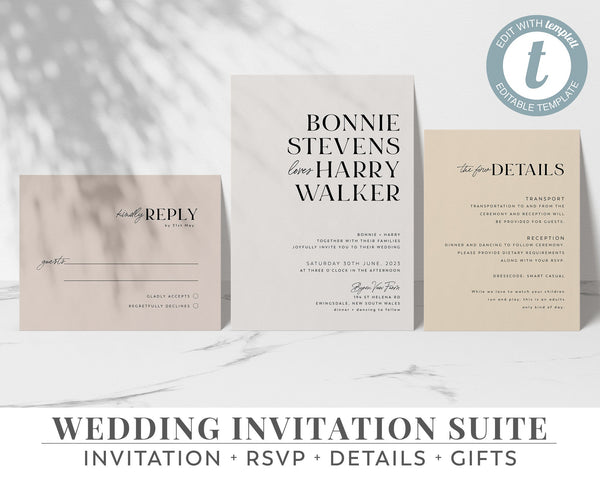 Modern Wedding Invitation Set, Minimalist Wedding Invitation Template Download, Editable Wedding Invites, Instant Download, Bonnie