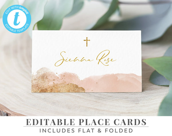 Christening Place Card Template, Printable Place Cards, Baptism Place Cards, Pink and Gold, Pink Girls Christening Place Cards, Pink