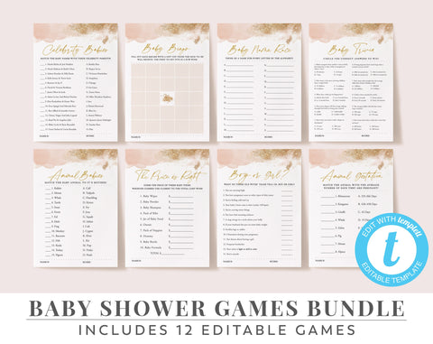 Baby Shower Games, Editable Baby Shower, Printable Games, Pink Baby Shower, Baby Shower Games Bundle, Pink and Gold, Celebrity, Bingo, Girls