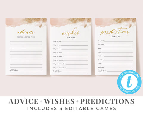 Baby Shower Games, Editable Baby Shower Templates, Pink and Gold Baby Shower, Printable Shower Games, Advice Cards, Wishes Baby Predictions