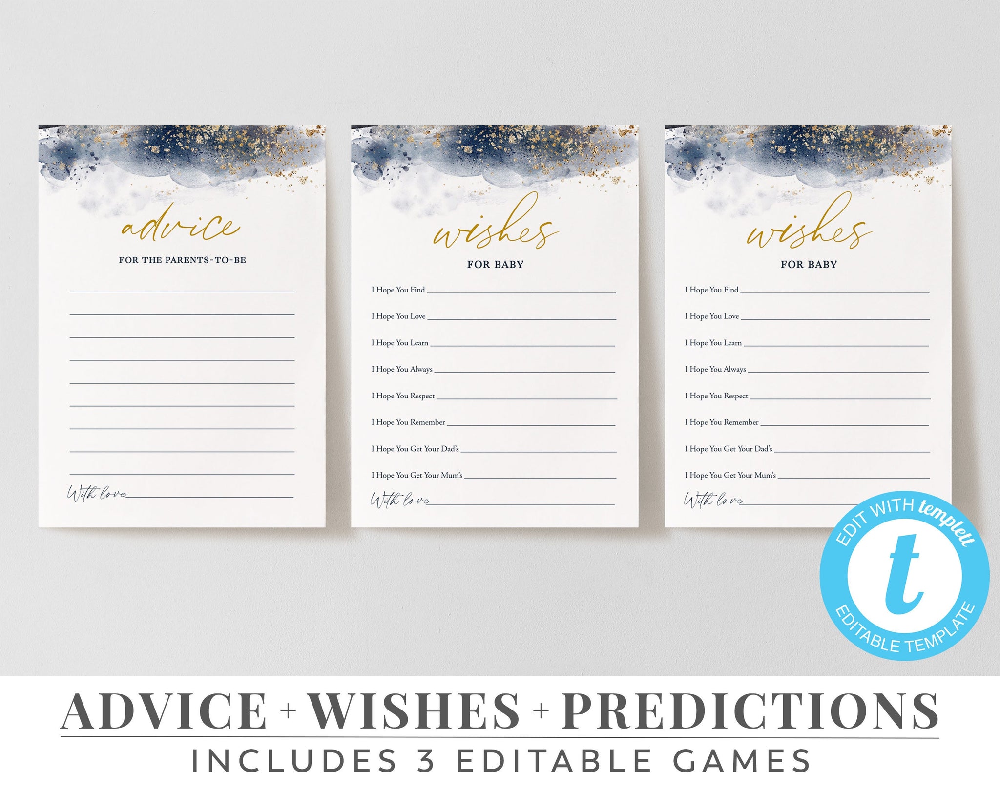 Baby Shower Games, Printable Baby Shower Boy, Games Pack, Baby Advice Cards, Wishes Cards, Predictions Card, Navy and Gold Baby Shower Games