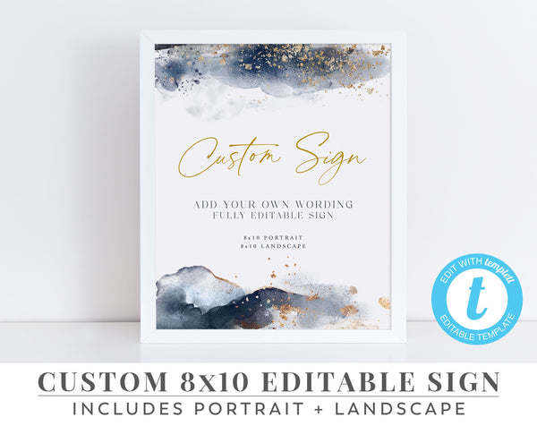 Baby Shower Editable Signs, 8x10 Signs For Baby Shower, Custom Printable Sign Landscape and Portrait, Navy and Gold Editable Template
