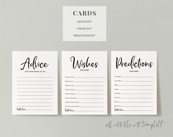 Baby Shower Games, Printable Advice Cards Wishes Cards Predictions Cards, Editable Baby Shower Games Black, Printable Black and White Games