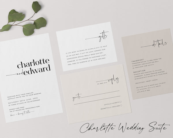 Minimalist Wedding Invitation Set, Simple Elegant Wedding Invitation Template, Printable Wedding Suite, Editable Wedding Invite, Charlotte
