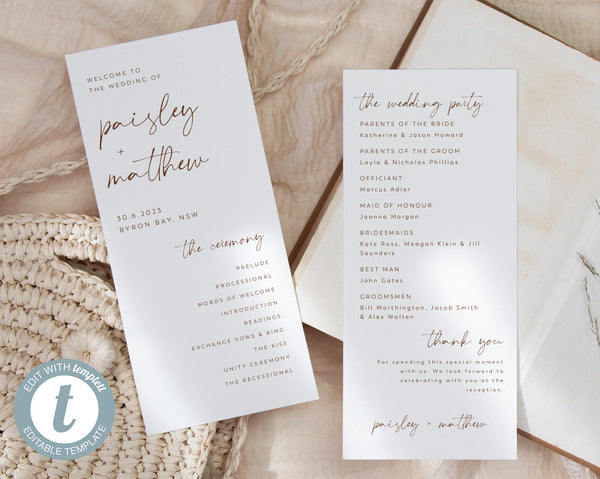 Minimalist Wedding Program Template, Modern Wedding Program, Editable Order of Ceremony, Wedding Ceremony Program, Printable, Paisley