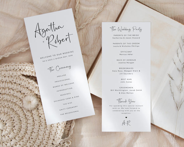 Minimalist Wedding Program Template, Modern Wedding Program, Minimal Wedding Program, Order of Ceremony, Minimal Program Template, Agatha