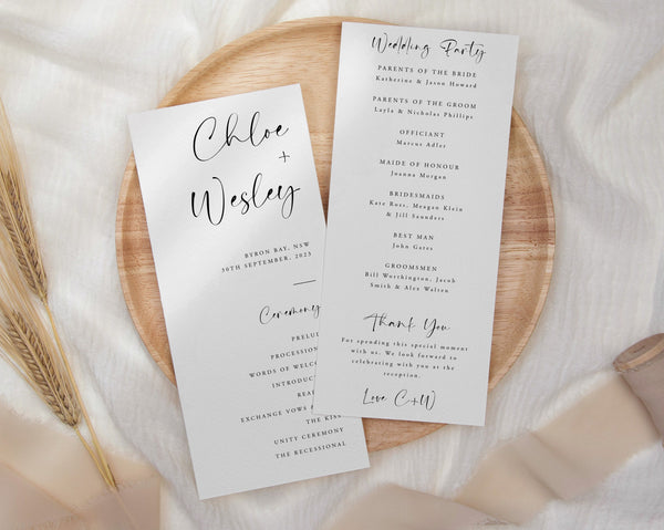 Simple Wedding Program Template, Editable Ceremony Program, Order of Ceremony, Minimal Program, Printable Modern Program, Chloe
