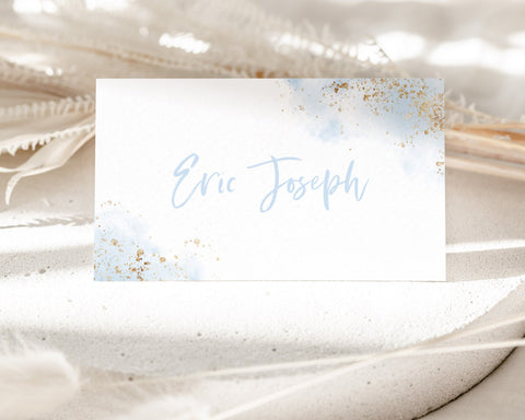 Christening Place Card Template, Printable Place Cards, Baptism Place Cards, Blue and Gold, Blue Boy's Christening Place Cards, Blue