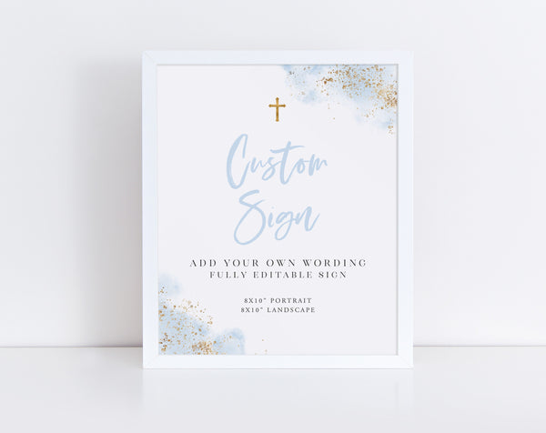 Editable Sign, 8x10, Blue and Gold Signs, Christening Signs, Baptism Signs, Landscape | Portrait | Printable Signs | Boys Christening