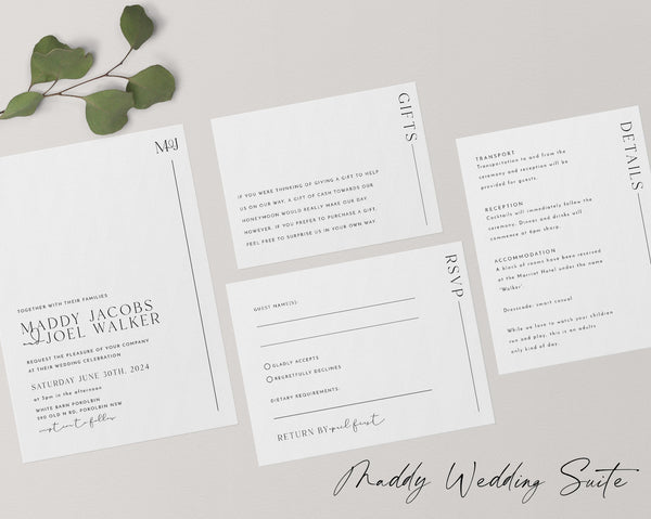 Minimalist Wedding Invitation Template Set, Wedding Invitation Template Download, Editable Modern Wedding Invite, Instant Download, Maddy