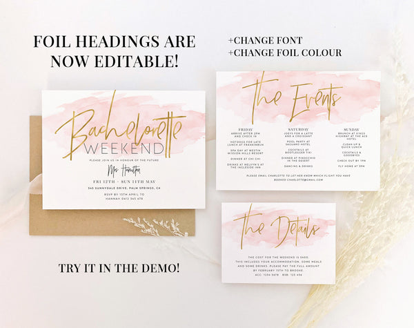 Printable Bachelorette Weekend Invitation, Editable Weekend Itinerary, Pink Hens Party, Details Card, Pink Watercolor Invite, Gold Foil
