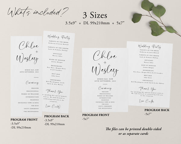 Simple Wedding Program Template, Editable Ceremony Program, Order of Ceremony, Minimal Program, Printable Modern Program, Chloe