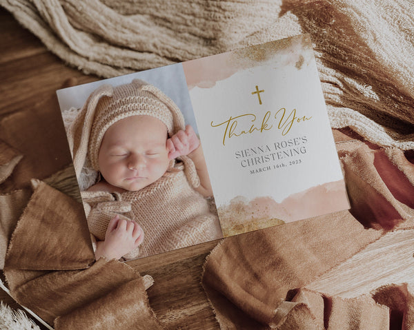 Thank You Card Template, Printable Thank You Card, Instant Download Thank You Cards, Christening Thank You, Pink Gold Baptism Thank You Card