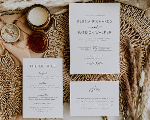 Minimalist Wedding Invitation Template Set, Modern Wedding, Printable Rustic Wedding Invitation, Editable Wedding Invitation Template, Elena