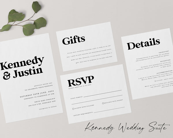 Minimalist Wedding Invitation Template Set, Modern Wedding, Printable Rustic Wedding Invitation, Editable Wedding Invitation, Kennedy