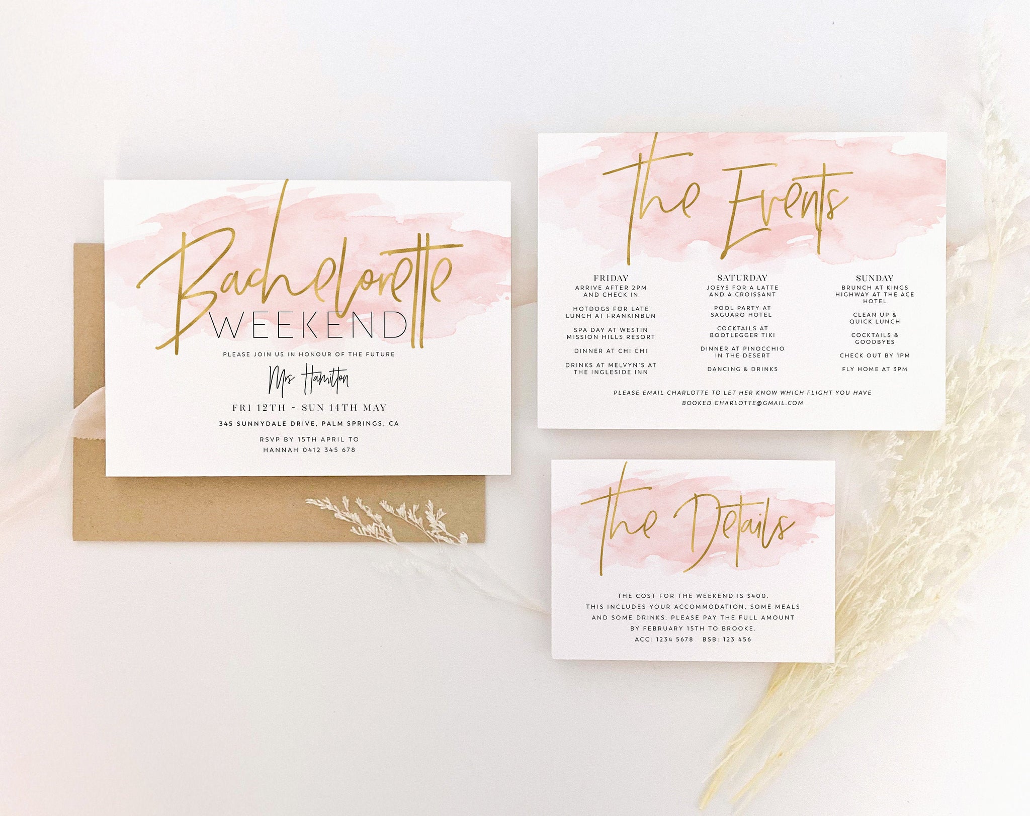 Printable Bachelorette Weekend Invitation, Editable Weekend Itinerary, Pink Hens Party, Details Card, Pink Watercolor Invite, Gold Foil