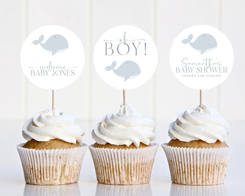 Whale Cupcake Toppers, Baby Shower Cupcake Toppers, Printable Whale Baby Shower Cupcake Topper, Editable Cupcake, Baby Boy Whale Baby Shower