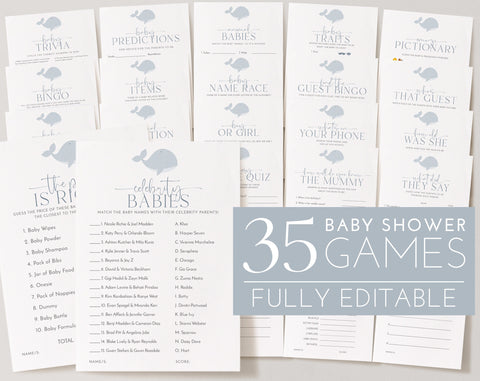 Whale Baby Shower Games, Editable Baby Shower Games, Printable Game, Boy Baby Games Pack, Celebrity, Baby Boy Game, Baby Bump, Porn or Labor