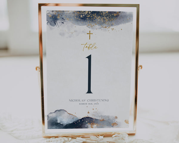 Table Numbers, Christening Table Numbers, Navy Gold Table Numbers, Baptism Table Number Template, Printable Table Numbers, Editable Baptism
