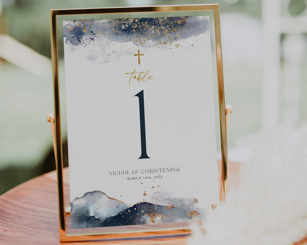 Table Numbers, Christening Table Numbers, Navy Gold Table Numbers, Baptism Table Number Template, Printable Table Numbers, Editable Baptism