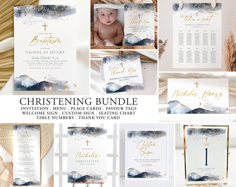 Christening Invitation Bundle, Baptism Invitation, Navy Gold Christening, Editable Christening Bundle, Boys Baptism, Boys Baptism Bundle