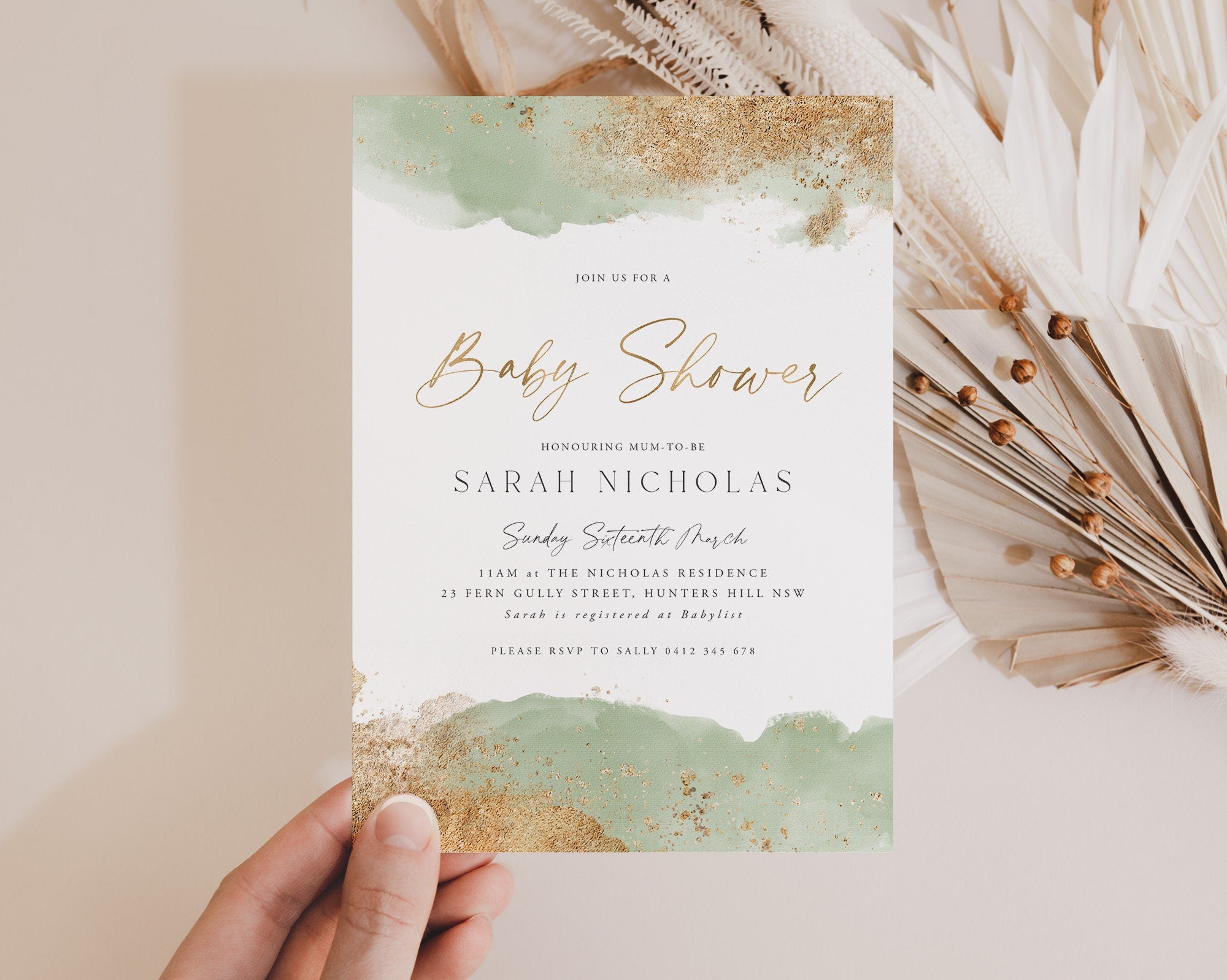 Green Baby Shower Invitation, Sage and Gold Baby Shower Invitation, Gender Neutral Baby Shower Invitation, Printable Template, Sage Baby