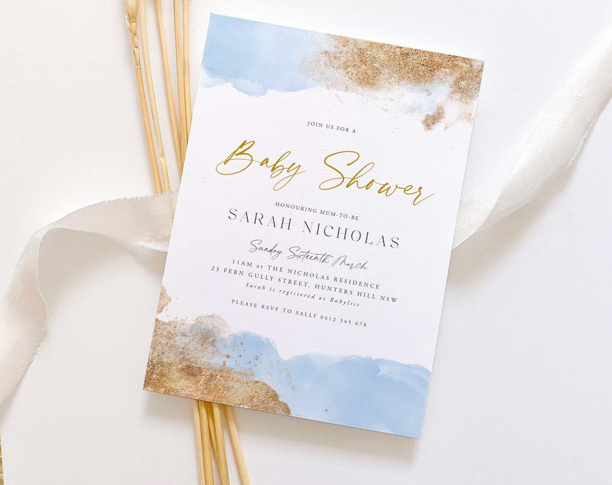 Blue Baby Shower Invitation, Blue and Gold Baby Shower Invitation Template, Baby Boy Invitation, Printable Template, Watercolour Baby Invite