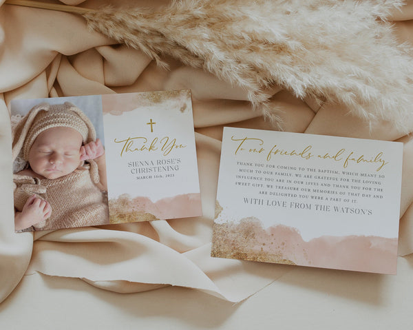 Thank You Card Template, Printable Thank You Card, Instant Download Thank You Cards, Christening Thank You, Pink Gold Baptism Thank You Card