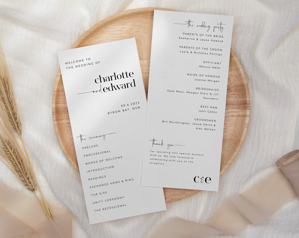 Minimalist Wedding Program, Wedding Program Template, Modern Order of Ceremony, Editable Program, Printable Minimal Program, Charlotte
