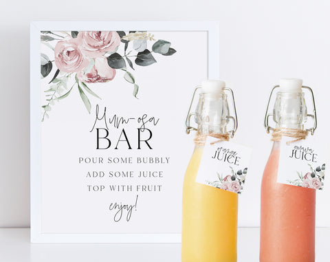 Mumosa Bar Sign, Momosa Bar Sign, Mimosa Bar Sign, Juice Labels, Mimosa Juice Tags, Baby Shower Sign, Pink Floral Baby Shower Sign, Mom-osa