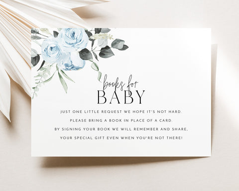 Books For Baby Card Printable, Book Request Card, Blue Floral Baby Shower Book For Baby, Blue Flower Invitation, Blue Baby Shower Printables