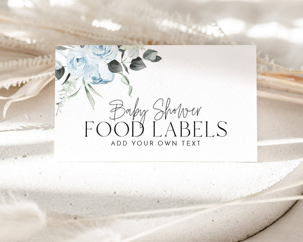 Baby Shower Food Labels, Floral Food Label Card, Food Tent Card, Food Tags, Blue Floral Food Labels, Folded Food Cards, Tent Food Labels