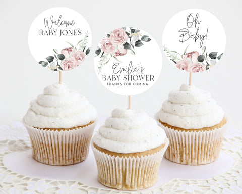 Floral Cupcake Toppers, Baby Shower Cupcake Toppers, Printable Floral Baby Shower Cupcake Topper, Editable Cupcake, Pink Flower Baby Shower