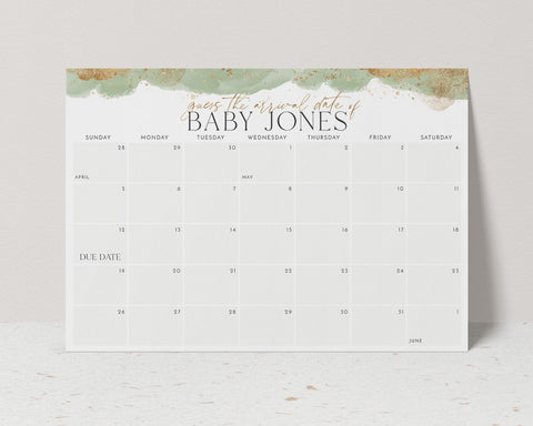 Baby Shower Due Date Calendar, Green Baby Birth Date Sign, Guess the Arrival Date Sign, Due Date Sign, Editable Printable Baby Shower Signs