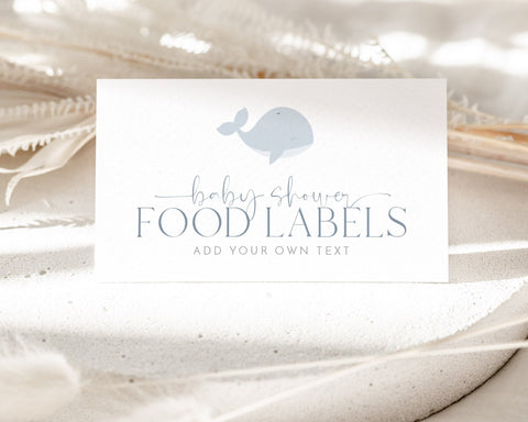 Baby Shower Food Labels, Whale Food Label Card, Food Tent Cards, Food Tags, Whale Food Labels, Folded Food Cards, Tent Food Labels, Whale