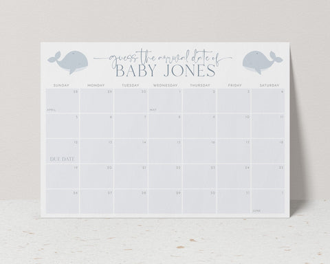 Baby Shower Due Date Calendar, Whale Baby Birth Date Sign, Guess the Arrival Date Sign, Due Date Sign, Editable Printable Baby Shower Signs
